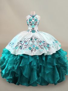  Teal Halter Top Neckline Embroidery and Ruffles Quinceanera Dress Sleeveless Lace Up