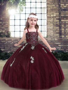Dramatic Burgundy Ball Gowns Straps Sleeveless Tulle Floor Length Lace Up Beading and Appliques Little Girl Pageant Dress