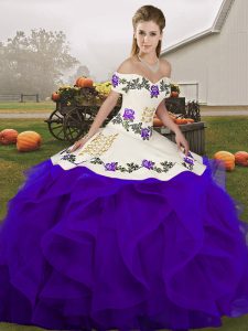 Luxurious White And Purple Ball Gowns Tulle Off The Shoulder Sleeveless Embroidery and Ruffles Floor Length Lace Up Vestidos de Quinceanera