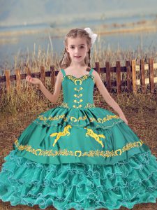 Stunning Straps Sleeveless Lace Up Kids Pageant Dress Teal Organza