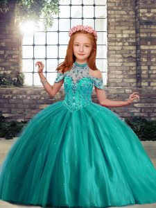  Turquoise Tulle Lace Up Kids Pageant Dress Sleeveless Floor Length Beading