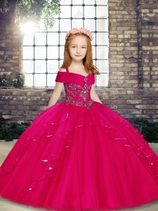Low Price Straps Sleeveless Pageant Gowns For Girls Floor Length Beading Fuchsia