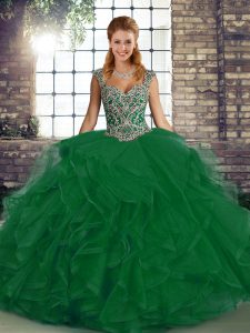 Best Selling Green Ball Gowns Tulle Straps Sleeveless Beading and Ruffles Floor Length Lace Up 15 Quinceanera Dress