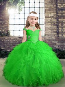  Straps Sleeveless Tulle Little Girls Pageant Gowns Beading and Ruffles Lace Up