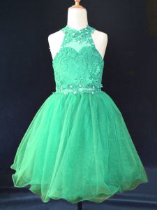  Sleeveless Mini Length Beading and Lace Lace Up Girls Pageant Dresses with Green