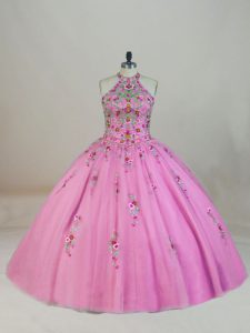  Halter Top Sleeveless Tulle 15 Quinceanera Dress Appliques and Embroidery Brush Train Lace Up