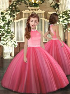 Latest Beading Little Girls Pageant Gowns Coral Red Zipper Sleeveless Floor Length