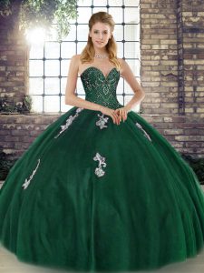 Best Selling Green Ball Gowns Sweetheart Sleeveless Tulle Floor Length Lace Up Beading and Appliques Sweet 16 Quinceanera Dress
