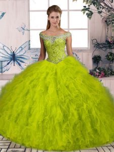 Most Popular Olive Green Tulle Lace Up Sweet 16 Quinceanera Dress Sleeveless Brush Train Beading and Ruffles