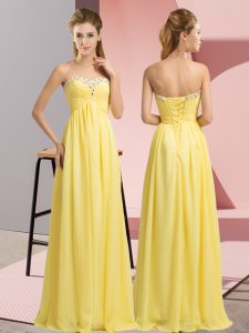 Elegant Yellow Sleeveless Chiffon Lace Up Dress for Prom for Prom and Party and Military Ball