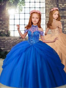 Discount Blue and Peach Tulle Lace Up High-neck Sleeveless Floor Length Kids Pageant Dress Beading