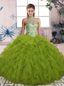 Enchanting Halter Top Sleeveless Lace Up Quinceanera Gowns Olive Green Tulle