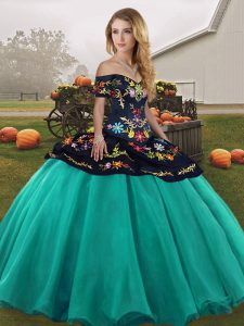 Traditional Floor Length Lace Up 15 Quinceanera Dress Turquoise for Military Ball and Sweet 16 and Quinceanera with Embroidery