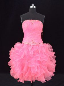 Fashion Rose Pink Ball Gowns Strapless Sleeveless Organza Lace Up Beading and Ruching Prom Gown