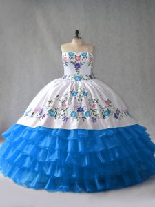 Customized Blue And White Sleeveless Organza Lace Up Quinceanera Dress for Sweet 16 and Quinceanera