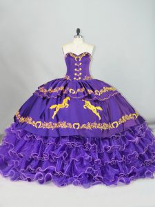 Adorable Satin and Organza Sweetheart Sleeveless Brush Train Lace Up Embroidery and Ruffled Layers Sweet 16 Dresses in Purple