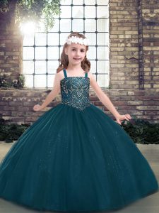 Custom Designed Teal Lace Up Girls Pageant Dresses Beading Long Sleeves Floor Length
