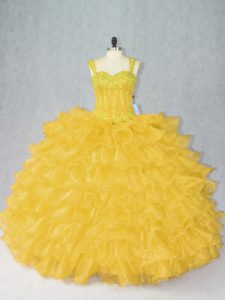 Captivating Gold Sleeveless Floor Length Beading and Ruffles Lace Up Quinceanera Gown
