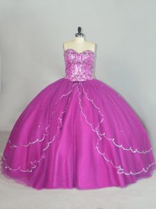 Extravagant Sleeveless Tulle Brush Train Lace Up Quinceanera Gowns in Fuchsia with Beading and Sequins