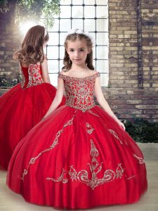  Red Tulle Lace Up Straps Sleeveless Floor Length Kids Pageant Dress Beading