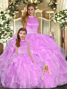  Lilac Ball Gowns Beading and Ruffles 15th Birthday Dress Backless Organza Sleeveless Floor Length