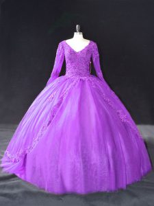 On Sale Purple Tulle Lace Up V-neck Long Sleeves Floor Length Sweet 16 Dress Lace and Appliques