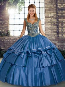 Adorable Straps Sleeveless Taffeta Quinceanera Gown Beading and Ruffled Layers Lace Up