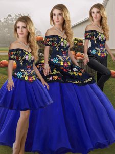 Custom Made Royal Blue Vestidos de Quinceanera Military Ball and Sweet 16 and Quinceanera with Embroidery Off The Shoulder Sleeveless Lace Up