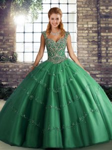 Extravagant Green Ball Gowns Straps Sleeveless Tulle Floor Length Lace Up Beading and Appliques Sweet 16 Quinceanera Dress