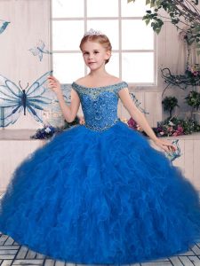 Adorable Blue Sleeveless Tulle Lace Up Child Pageant Dress for Party and Sweet 16 and Wedding Party