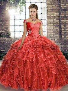 Classical Organza Off The Shoulder Sleeveless Brush Train Lace Up Beading and Ruffles Vestidos de Quinceanera in Coral Red