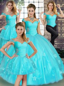 Noble Aqua Blue Ball Gowns Beading and Appliques Sweet 16 Dress Lace Up Tulle Sleeveless Floor Length