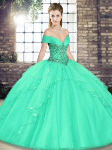 Latest Apple Green Lace Up Quince Ball Gowns Beading and Ruffles Sleeveless Floor Length