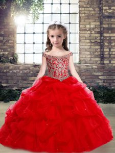  Red Sleeveless Beading Floor Length Kids Pageant Dress
