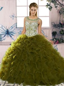  Olive Green Sweet 16 Dresses Military Ball and Sweet 16 and Quinceanera with Beading and Ruffles Scoop Sleeveless Lace Up