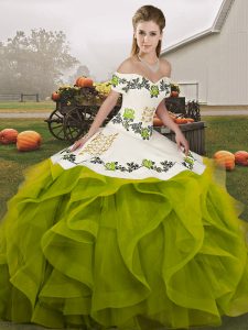 Chic Olive Green Lace Up Off The Shoulder Embroidery and Ruffles Ball Gown Prom Dress Tulle Sleeveless