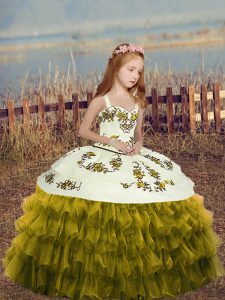 High Class Olive Green Sleeveless Organza Lace Up Little Girl Pageant Gowns for Party and Wedding Party