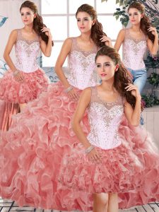  Watermelon Red Quinceanera Gowns Military Ball and Sweet 16 and Quinceanera with Beading and Ruffles Scoop Sleeveless Clasp Handle