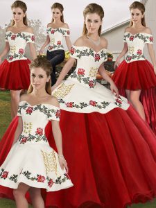  White And Red Off The Shoulder Neckline Embroidery Ball Gown Prom Dress Sleeveless Lace Up