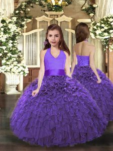  Purple Organza Lace Up Halter Top Sleeveless Floor Length Little Girls Pageant Dress Ruffles