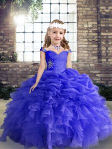 Graceful Straps Sleeveless Pageant Gowns For Girls Floor Length Beading and Ruffles Blue Organza