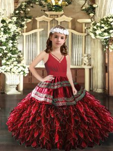  Red Ball Gowns V-neck Sleeveless Organza Floor Length Zipper Appliques and Ruffles Little Girls Pageant Dress Wholesale