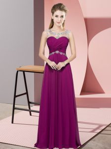  Sleeveless Floor Length Beading Backless Dress for Prom with Fuchsia