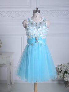 Hot Sale Aqua Blue A-line Scoop Sleeveless Organza Mini Length Zipper Lace and Appliques Prom Gown