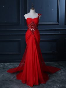 Colorful Sleeveless Chiffon Watteau Train Zipper Prom Dress in Red with Beading and Lace and Appliques