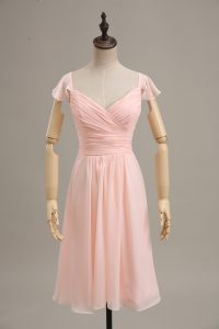  Empire Prom Gown Pink Straps Chiffon Cap Sleeves Zipper
