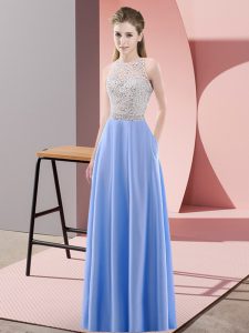  Scoop Sleeveless Prom Gown Floor Length Beading Blue Satin