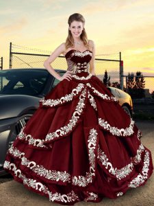 Comfortable Wine Red Sleeveless Floor Length Embroidery and Ruffled Layers Lace Up Vestidos de Quinceanera