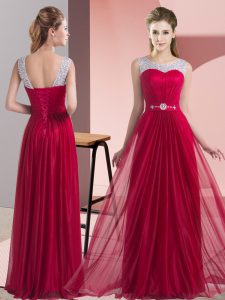  Wine Red Scoop Neckline Beading and Belt Dama Dress for Quinceanera Sleeveless Lace Up