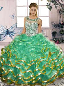 Gorgeous Turquoise Ball Gowns Beading and Ruffles Sweet 16 Quinceanera Dress Lace Up Organza Sleeveless Floor Length